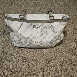 COACH Metallic White/Silver Signature Canvas and Patent Leather Tote